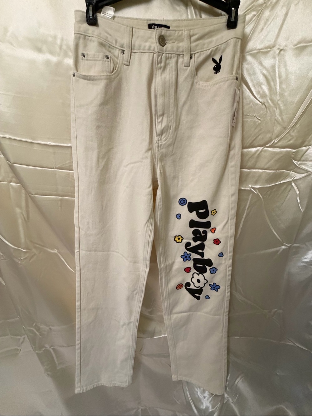 Playboy by PacSun Jeans 26 NWT White Hello Sunshine Graphic Straight Leg Y2K